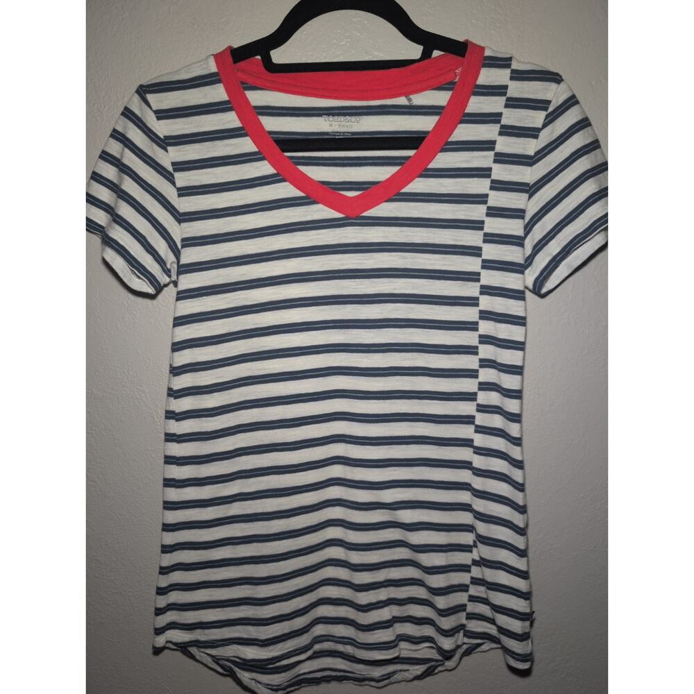 Toad & Co‎ Organic Cotton Grey White Slubstripe Vee Tee XS Orange Neckline